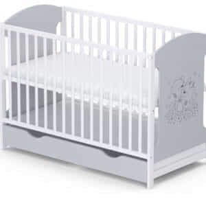 Łóżeczko drewniane MIKI SKRZAT z szufladą Popiel-białe